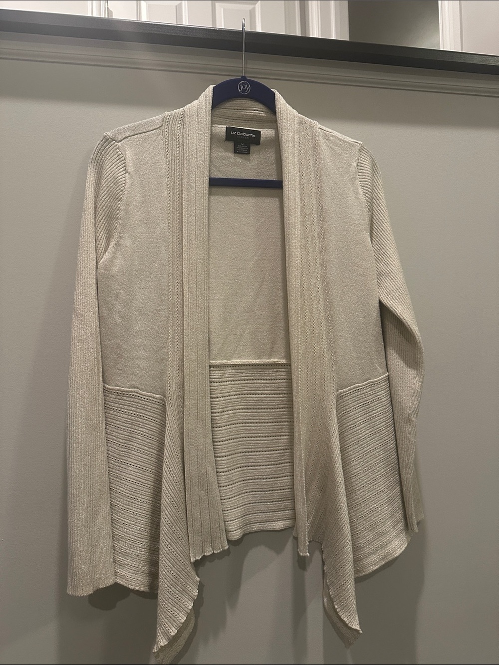 ✨ Liz Claiborne Cream Open-Front Draped Cardigan with Gold Sparkles